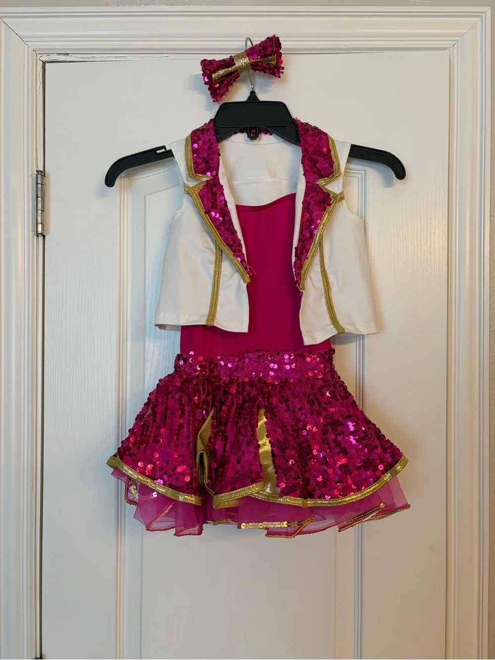 Weissman Hot Pink Sequin Dance Costume with Gold Trim and White Vest